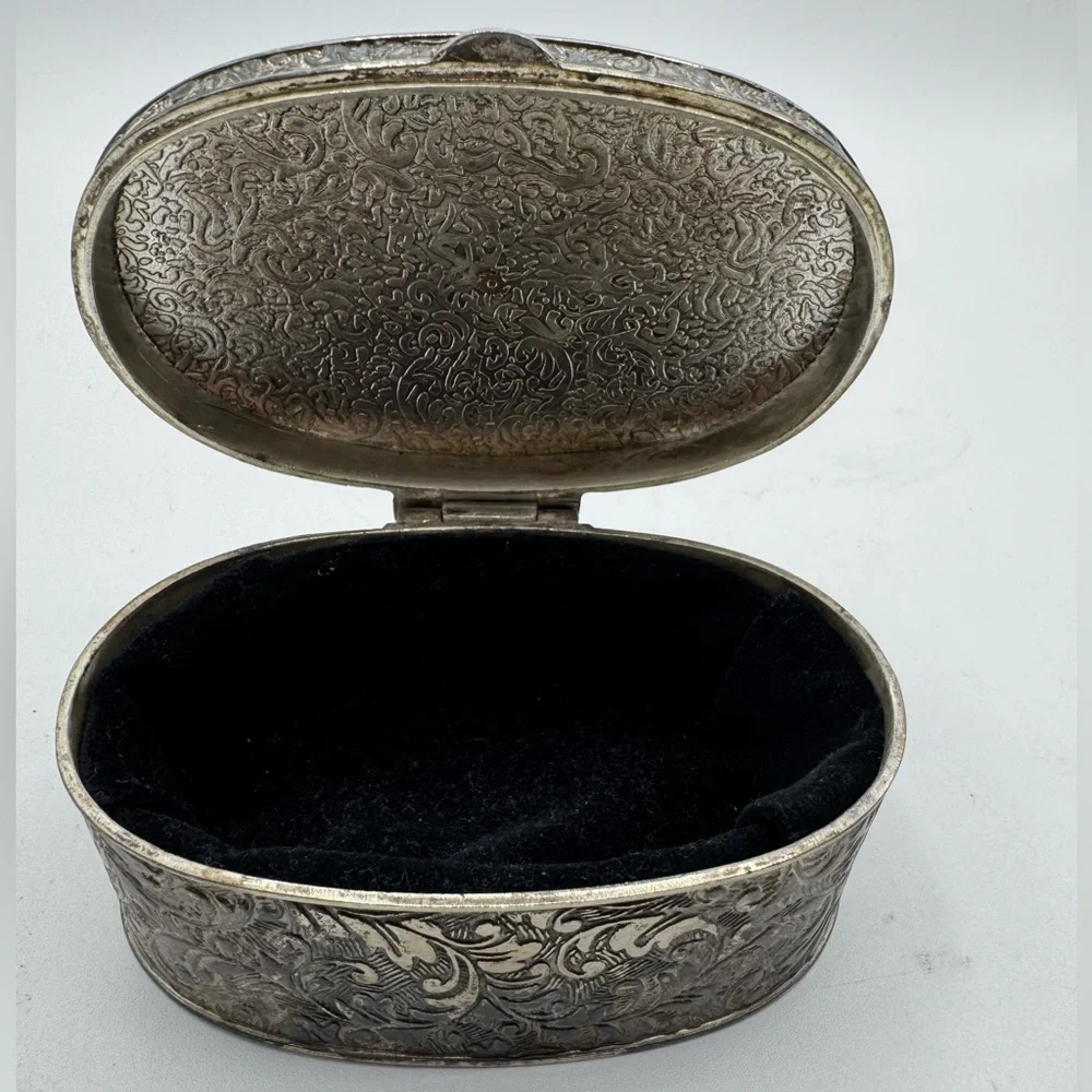 Victorian Style Silver Plated Trinket Box 1 3/4x4 inches With Red Insert Velvet